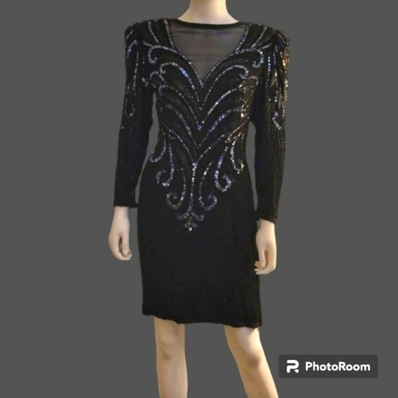 VTG AJ BARI 1980s Great Gatsby Heavily Beaded Sequin Silk Power Dress - Picture 1 of 12